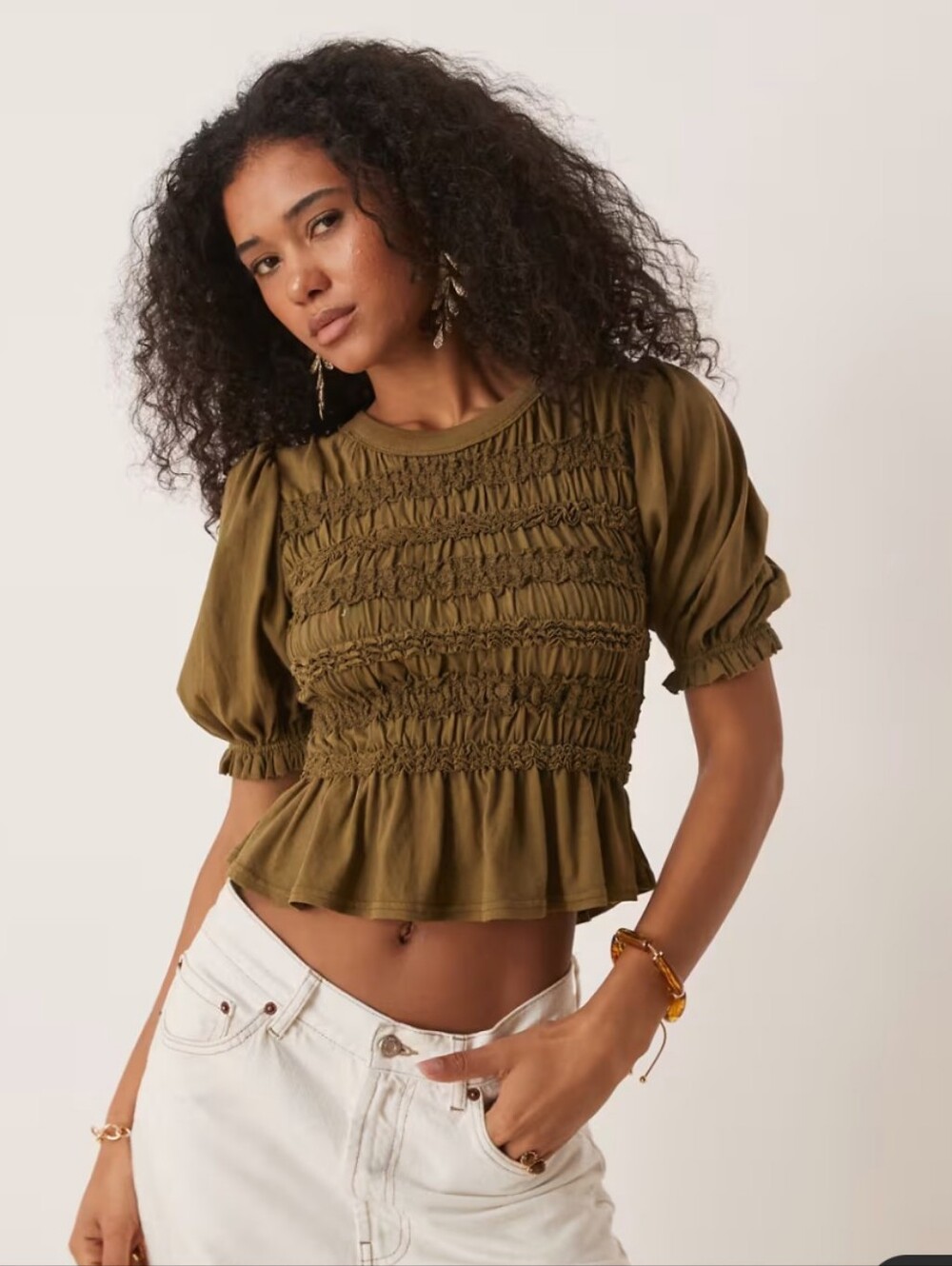 NWT  People Maxey ruched knit top in calvary green- Size Large And Medium